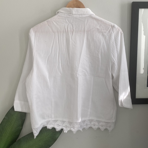 🌿3 for $25🌿 Cotton Embroidered Trip Button Up 3/4 Sleeve Cropped Shirt - Picture 6 of 7
